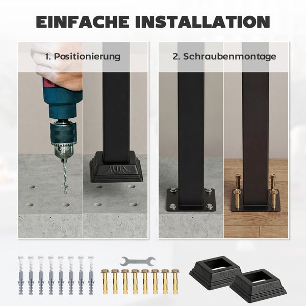 Montageanleitung für Pfostenträger in zwei Schritten: Positionierung durch Bohren und Schraubenmontage auf Beton oder Holz inklusive Zubehör.