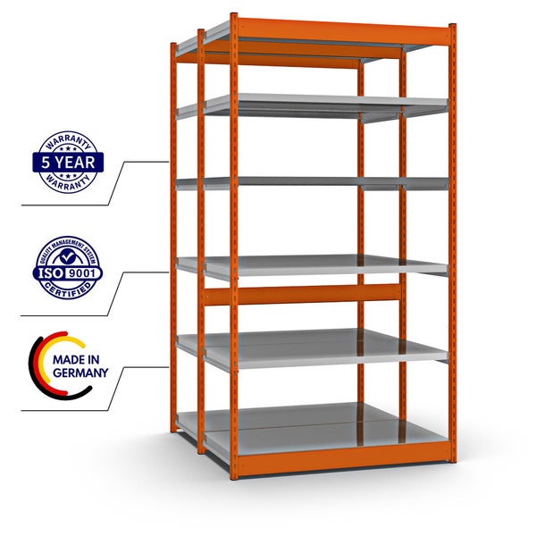 PROREGAL Fachbodenregal Stecksystem Vierkant-Profil Grundregal HxBxT 250 x 132,5 x 60 cm 2x6 Ebenen Doppelseitige Bauart Fachlast 200 kg Orange