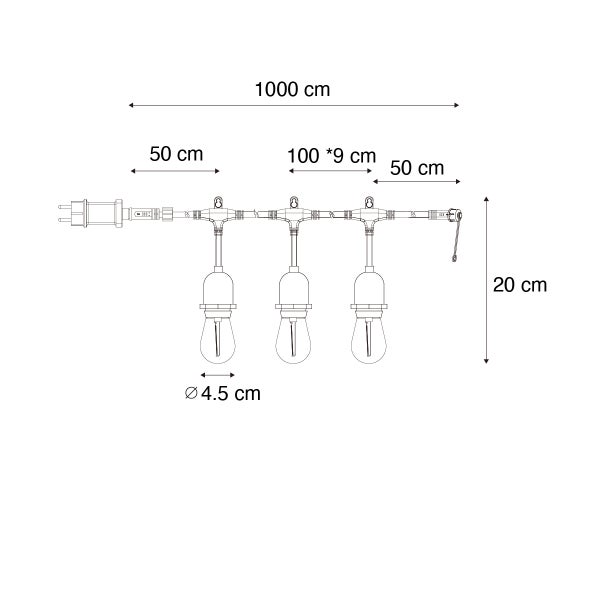 Maßzeichnung einer Lichterkette mit 1000 Zentimeter Gesamtlänge, 20 Zentimeter Lampenhöhe und 4,5 Zentimeter Leuchtmitteldurchmesser.