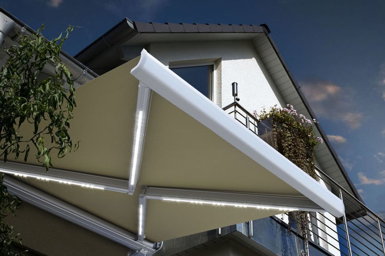 Home Deluxe - LED Vollkassettenmarkise ELOS - Sandfarben, 500 x 300 cm - inkl. Wind- und Sonnensensor, Fernbedienung, Handkurbel, Montagematerial I Terrassenüberdachung Sonnenschutz Windschutz
