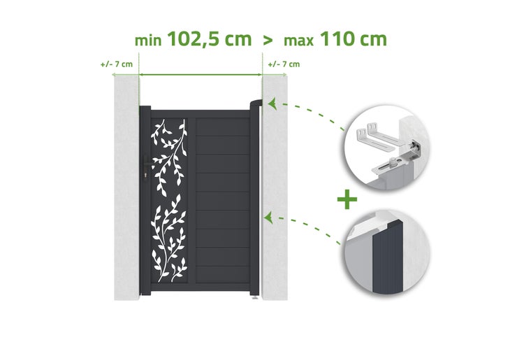 Aluminium-Gartentor in Anthrazit mit Blätterdekor und Lamellen, verstellbare Breite zwischen minimum 102,5 Zentimeter und maximum 110 Zentimeter.
