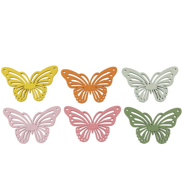 Sechs hölzerne Schmetterlinge für Dekorationen