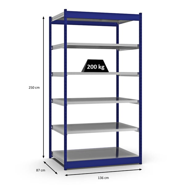 PROREGAL Fachbodenregal Stecksystem Vierkant-Profil Grundregal HxBxT 250 x 132,5 x 80 cm 6 Ebenen Einseitige Bauart Fachlast 200 kg Enzianblau