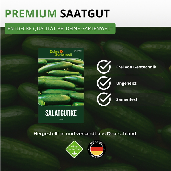 Samentüte für Salatgurke Tanja, Deine Gartenwelt Logo. Frei von Gentechnik, ungeheizt, samenfest. Siegel für Gentechnikfrei und Made in Germany.