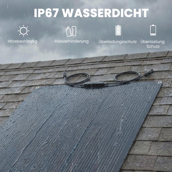 Flexibles Solarpanel auf Schindeldach im Regen mit IP67 Wasserschutz, Hitzebeständigkeit, Rissverhinderung, Überladungsschutz und Überlastungsschutz.