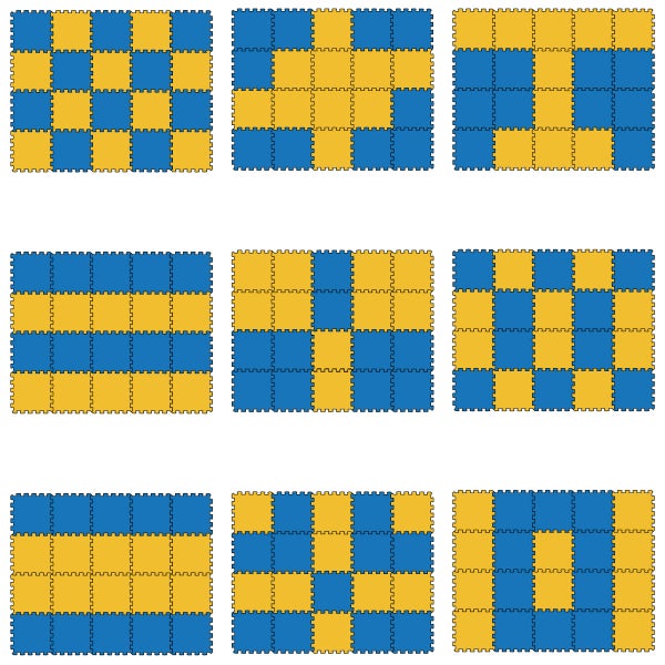 Neun Musterbeispiele für blaue und gelbe Puzzlematten aus Schaumstoff zum Ineinanderschieben als Schutzboden für Fitness oder Spielbereiche.