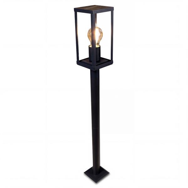 Außenstandleuchte aus schwarzem Metall mit Oberseite in Holzoptik und sichtbarem Leuchtmittel in rechteckigem Gehäuse.