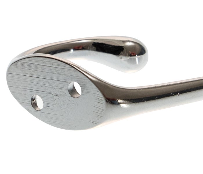 Ein einzelner Wandhaken aus Metall mit zwei Befestigungslöchern für die Wandmontage.