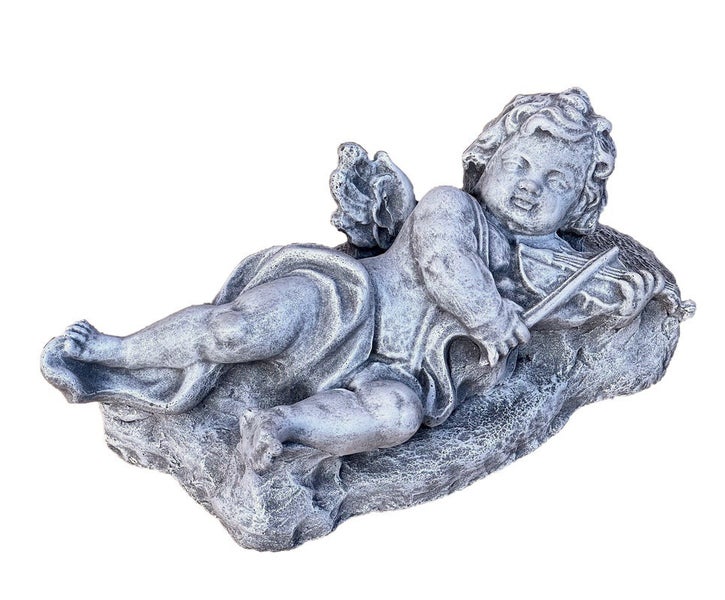 Steinfigur Engel mit Geige zur Gartendekoration aus witterungsbeständigem Material