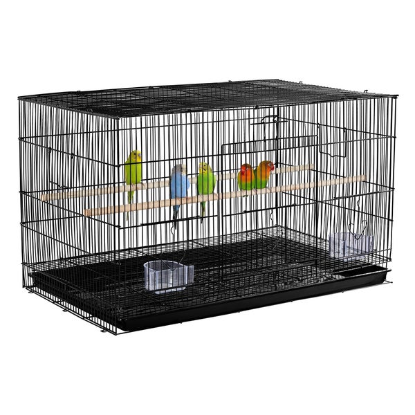 Schwarzer Vogelkäfig mit Sitzstange und mehreren Vögeln