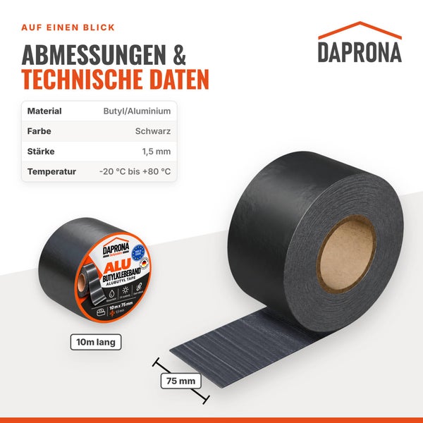Daprona Aluminium Butylklebeband mit technischer Übersichtstabelle, 10 Meter lang und 75 Millimeter breit, für Dachabdichtungen.
