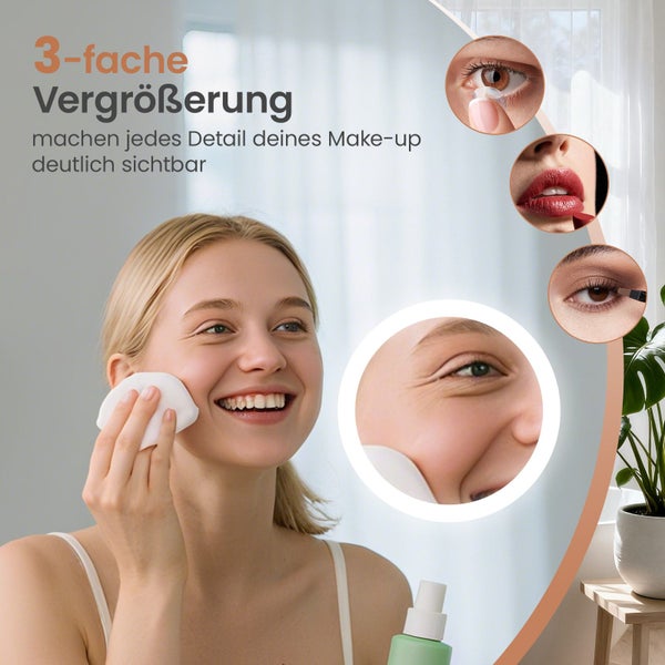 Frau verwendet Kosmetikspiegel mit dreifacher Vergrößerung fuer Make up und Gesichtspflege.