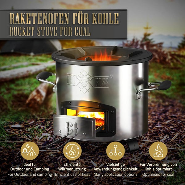BBQ#BOSS Raketenofen mit 3-tlg. Gusseisen Pfannenset, Silber, Edelstahl Campingofen, Campingkocher Holz, Camping BBQ Holzofen zum Kochen, Outdoor-Küche Raketenherd Campinggrill Rocket Stove Dutch Oven