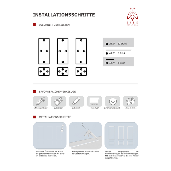 Installationsschritte mit Werkzeugen und Zuschnitt der Leisten