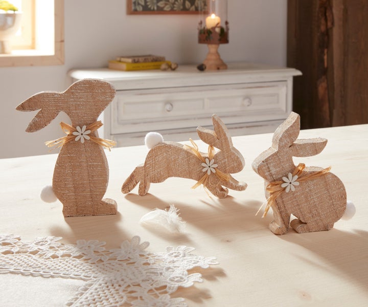 FRANK FLECHTWAREN | Osterdeko Hasentrio, 3er Set, HOLZ, 15 x 2 x 10cm, 9,5 x 2 x 12cm, 10,5 x 2 x 15cm
