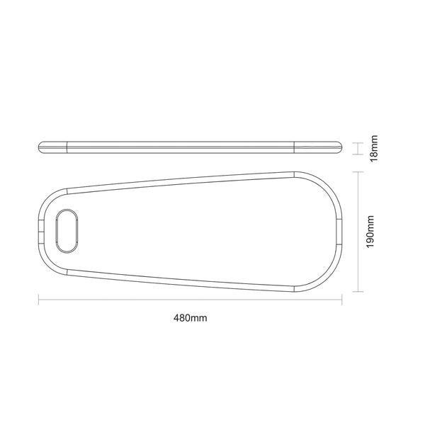 Technische Zeichnung eines Tabletts mit den Maßen 480 mm mal 190 mm und einer Höhe von 18 mm