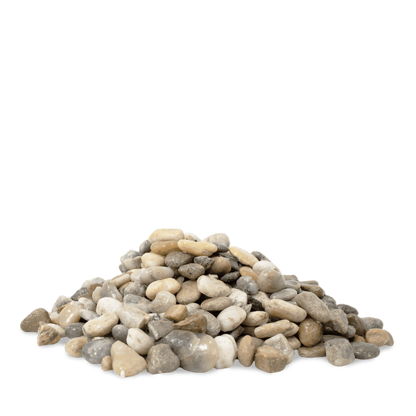 Haufen aus abgerundeten, glatten Dekokieseln in verschiedenen Naturtönen wie Beige und Grau.