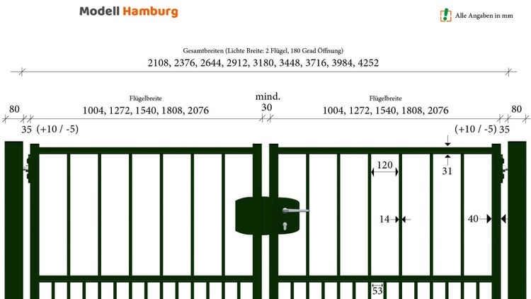 Technische Zeichnung eines Gartentors Modell Hamburg mit Breitenangaben
