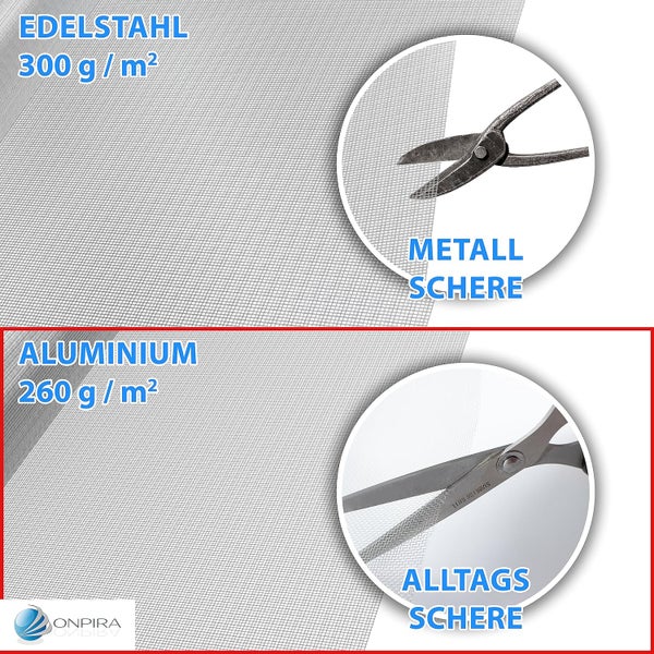 Edelstahlgewebe 300 Gramm pro Quadratmeter mit Metallschere und Aluminiumgewebe 260 Gramm pro Quadratmeter mit Alltagsschere. Onpira Logo.