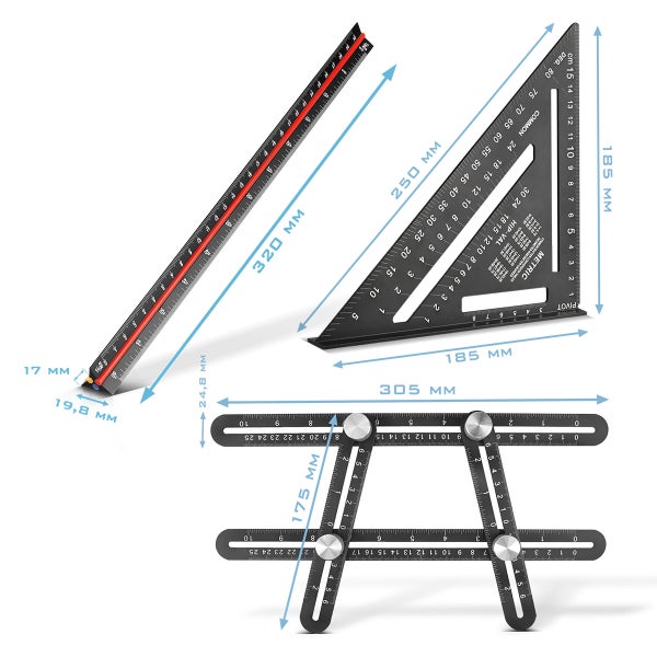 STAHLWERK Lineal Set mit Multiwinkel-Messlineal, Dreikant-Lineal, Winkeldreieck