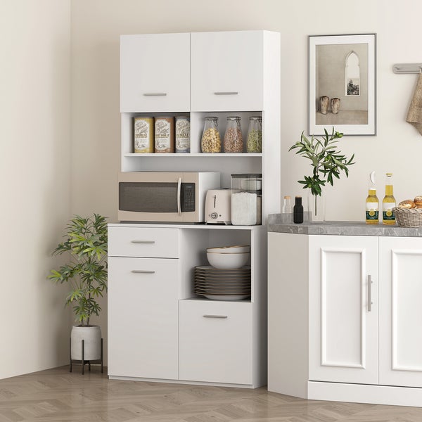 HOMCOM Küchenschrank, Hochschrank mit verstellbaren Regal, Schublade, Buffetschrank mit Soft-Close-Tür, Vitrinenschrank Aufbewahrungsschrank für Küche Esszimmer 80x35x180 cm Weiß