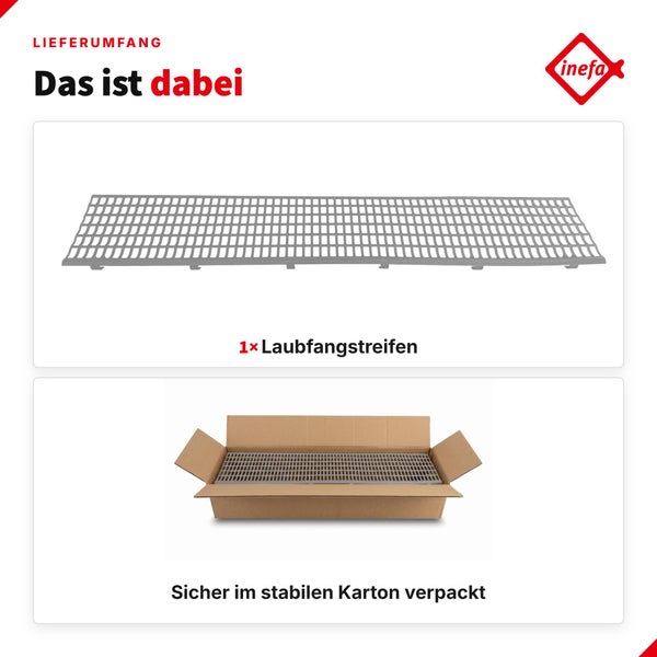 Lieferumfang eines Inefa Laubfangstreifens für Dachrinnen in einem stabilen Karton.