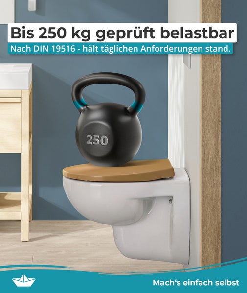 Wand-WC mit Holz-WC-Sitz, belastbar bis 250 Kilogramm geprüft nach DIN 19516 für hohe Stabilität.