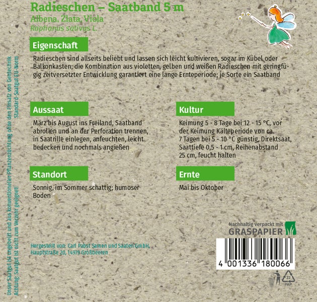 Saatgutpackung Steinkraut Rosie O'Day von Quedlinburger Saatgut. Schneckenresistente Sorte, Höhe circa 20 Zentimeter. Quedlinburger Logo.