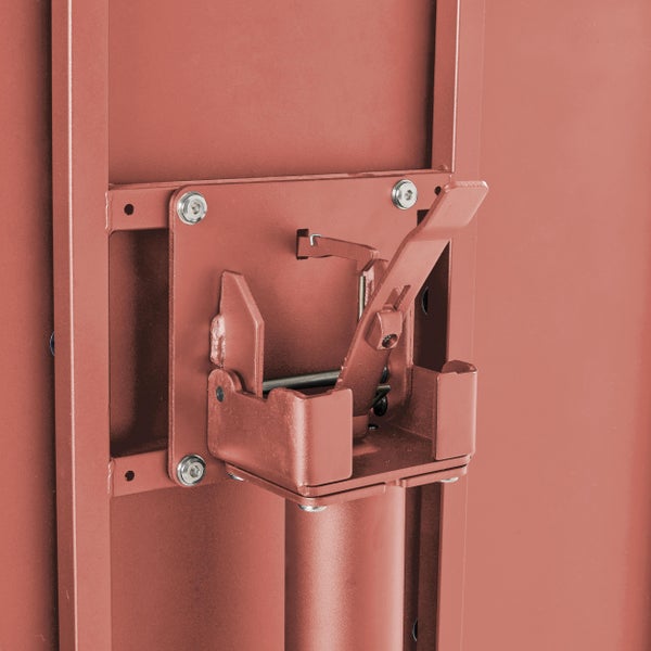 Roter Metall-Schnappverschluss für einen Klapptisch mit Hebel und Innensechskantschrauben.