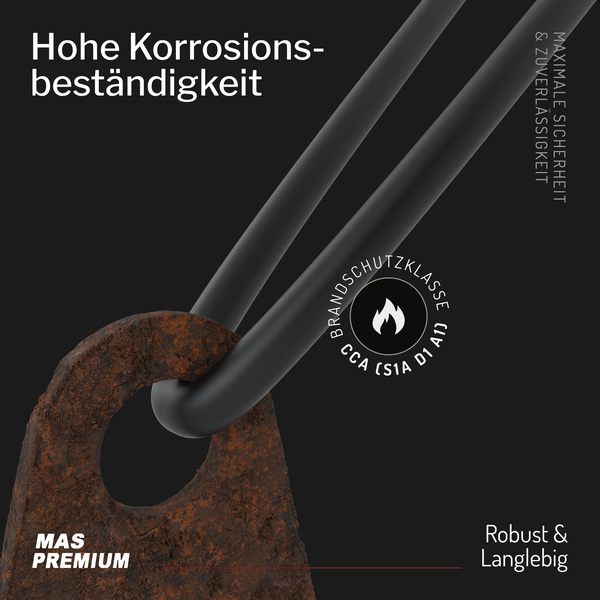 MAS Premium Kabel mit hoher Korrosionsbeständigkeit und Brandschutzklasse Cca s1a d1 a1. Robustes und langlebiges Produkt. MAS Premium Logo.