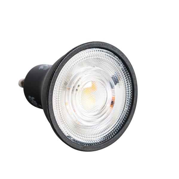 LED-Reflektorlampe GU10 mit schwarzem Gehäuse und strukturierter Linse.