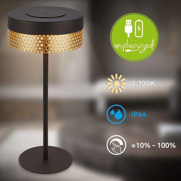 Briloner Booha LED Tischlampe kabellos IP44, Dimmbar, Touch, Akku, Spritzwasserschutz, Schwarz-Gold, Ø16 x 35 cm