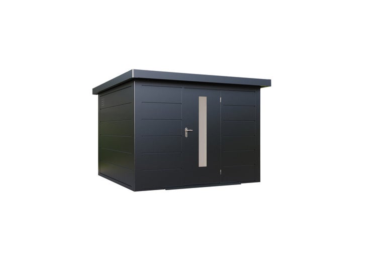 Modernes Gartenhaus aus Metall mit Pultdach und einer Tür mit Glaseinsatz zur Aufbewahrung von Gartengeräten.