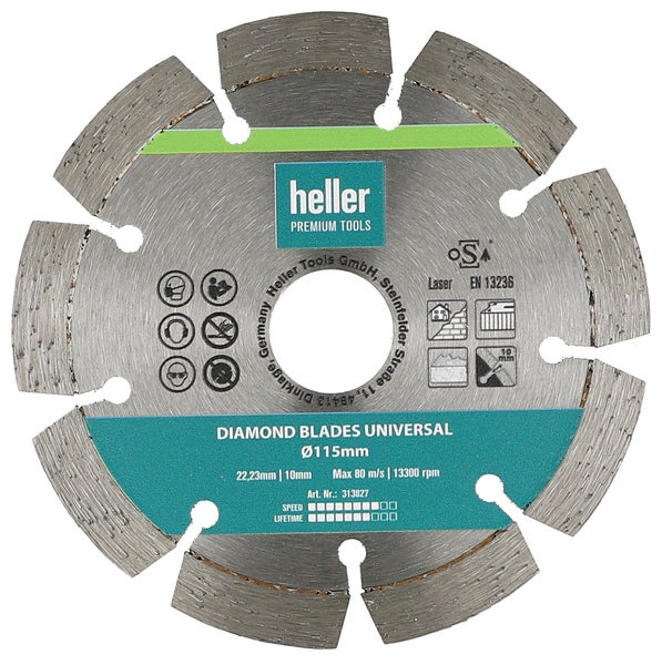 Heller Diamanttrennscheibe Universal mit 115 Millimeter Durchmesser für Winkelschleifer zum Schneiden von Stein und Beton.