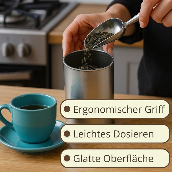 Teedose aus Metall mit Tee, Teelöffel und Tasse