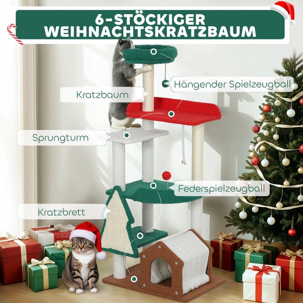 Sechs Etagen Weihnachts-Kratzbaum mit Kratzbaum, Sprungturm, Kratzbrett, hängendem Spielzeugball, Feder-Spielzeugball, Weihnachtsbaum, Geschenken und Katze mit Weihnachtsmütze.