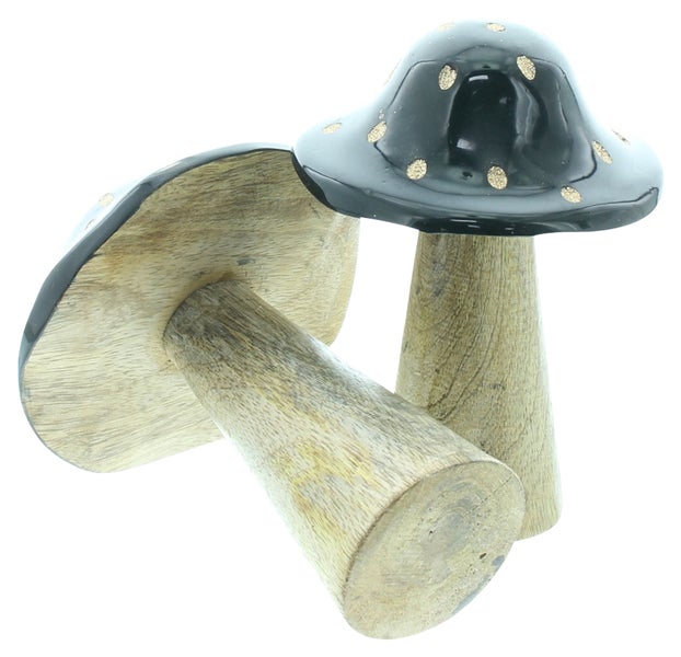 Zwei dekorative Holzpilze mit Punkten