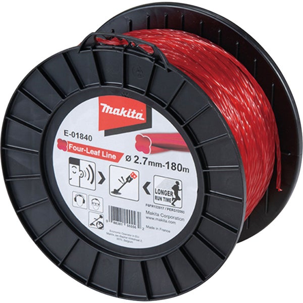 Roter Makita Mähfaden Four-Leaf Line auf schwarzer Kunststoffspule, Durchmesser 2,7 Millimeter, Länge 180 Meter.