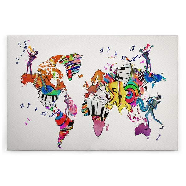 Wandbild Weltkarte mit musikalischer Verzierung im modernen Stil als Kunstdruck auf Leinwand