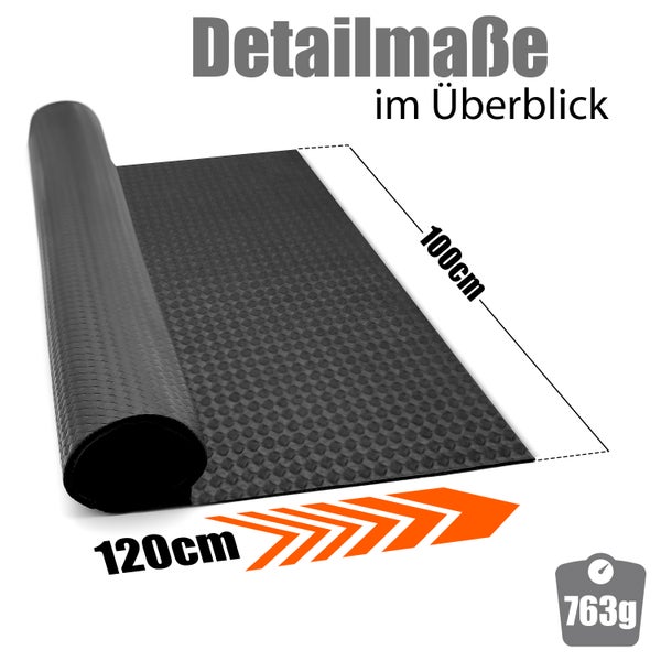 Detailansicht einer Kofferraummatte mit den Maßen 100 cm x 120 cm und einem Gewicht von 763 g.