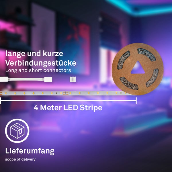Lieferumfang eines 4 Meter langen LED Streifens inklusive langer und kurzer Verbindungsstücke in einer modern beleuchteten Umgebung.