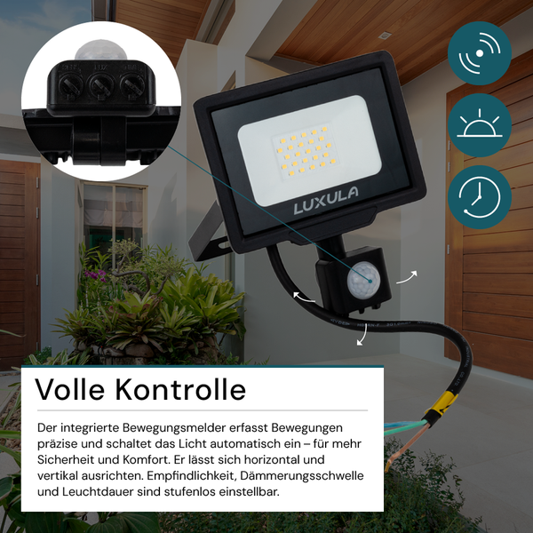 LUXULA LED Außenstrahler mit Bewegungsmelder 20W Strahler 4000K Neutralweiß 2000lm Fluter Schwarz IP65