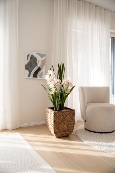 Künstliche Orchidee im geflochtenen Übertopf neben einem hellen Sessel in einem modernen, lichtdurchfluteten Zimmer mit weißen Vorhängen.