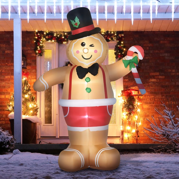 Outsunny Weihnachts Aufblasbarer Lebkuchenmann, mit LED-Lichtern und Zuckerstange, automatisch, 175L x 82B x 238H cm, Polyester, Braun