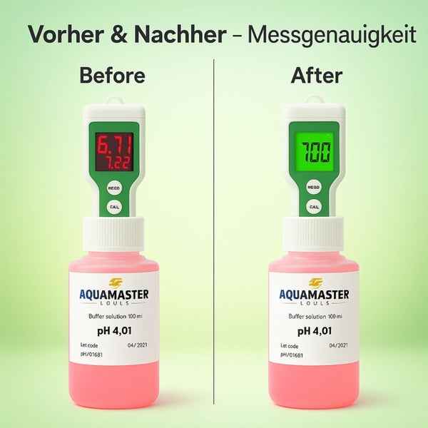 Vorher-Nachher-Vergleich der Messgenauigkeit eines pH-Messgeräts mit Aquamaster Pufferlösung pH 4,01.