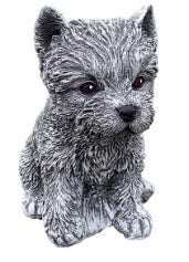 Dekorative Gartenfigur in Form eines sitzenden Hundewelpen, detaillierte Ausarbeitung aus witterungsbeständigem Material für den Außenbereich.