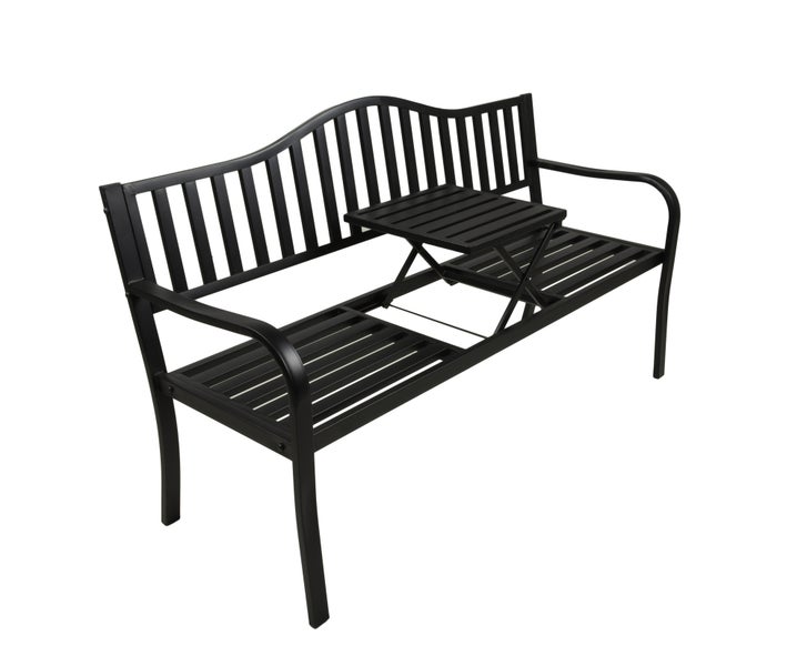 Gartenbank aus schwarzem Metall mit ausklappbarem Tisch in der Mitte und geschwungener Rückenlehne.