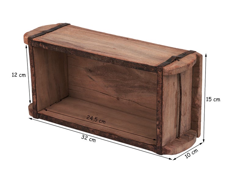 Dekorative Holzbox mit Metallbeschlägen und Größenangaben