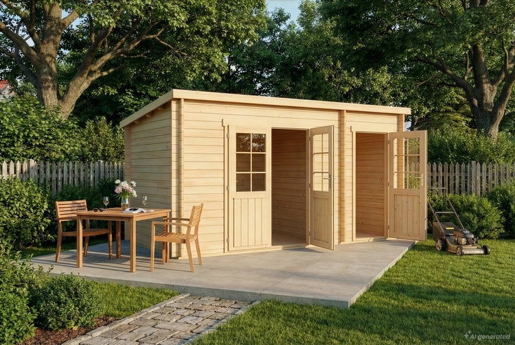 Holzgartenhaus mit zwei Türen und Pultdach auf einer gepflasterten Terrasse im Garten mit Gartenmöbeln und Rasenmäher