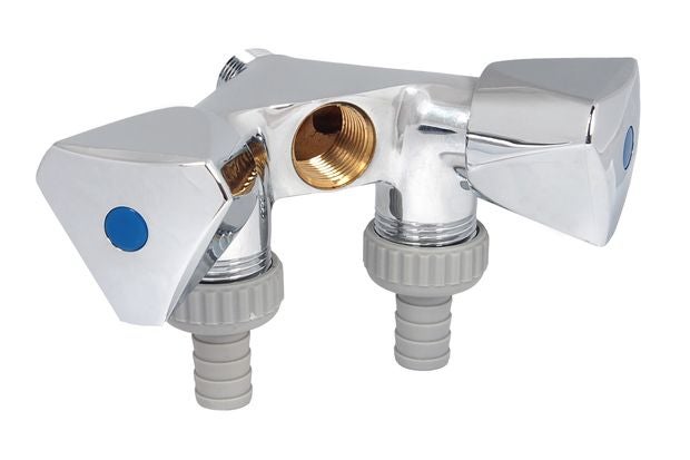 Doppel-Waschmaschinenventil aus verchromtem Metall mit zwei Griffen und Schlauchtüllen.